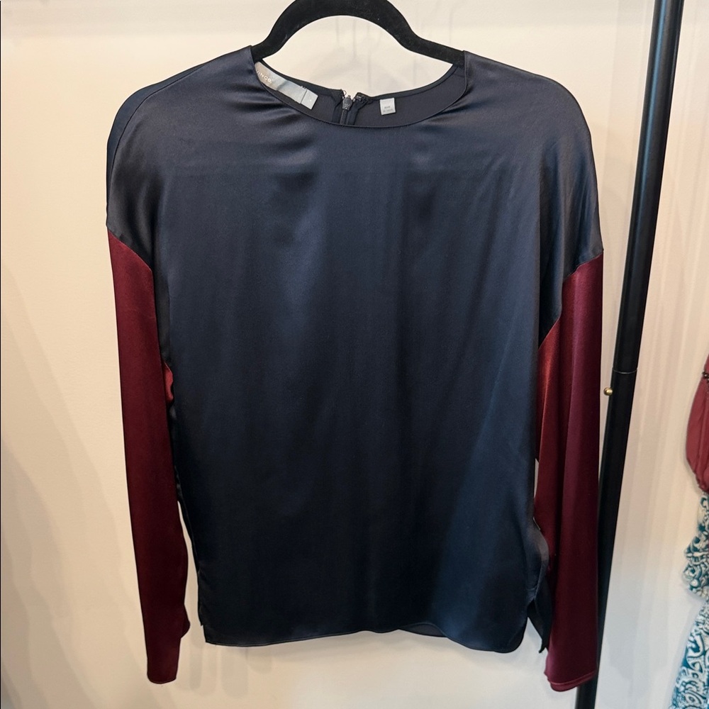 Vince Black Satin Long-Sleeve Top with Burgundy Sleeve Panels